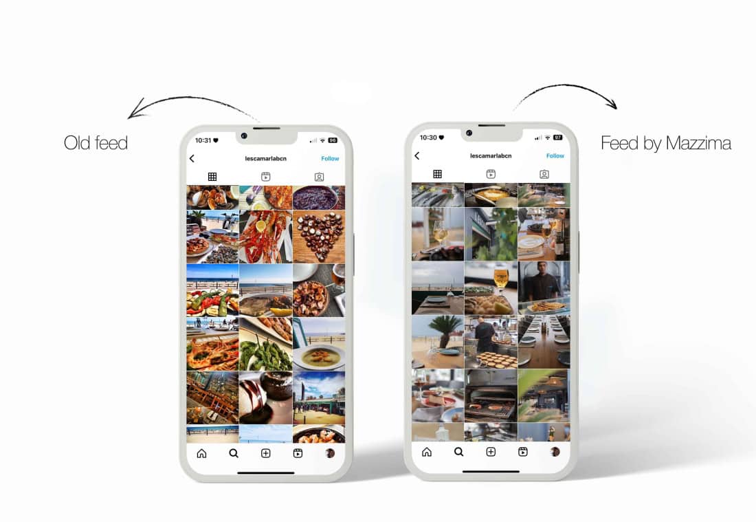 iPhone 13 Pro Mockup L’Escamarlà Instagram Feeds v02 texto ENG Digital Marketing for Restaurants. Difference between the Instagram Feed before and after working with Mazzima as a Digital Marketing Agency.